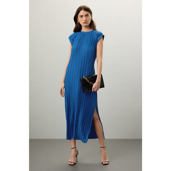 ATLEIN X RTR Navy Blue Plisse Tie Neck Sleeveless Side Slit Midi Dress Size M - Picture 1 of 16